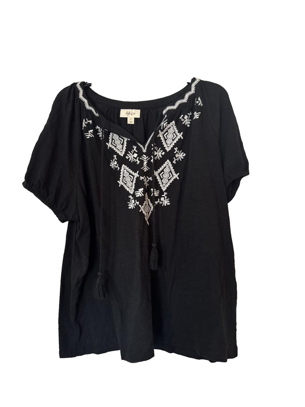 Style & Co. Women’s XL Black Embroidered Tassel Tie V-Neck Boho Peasant Top #85